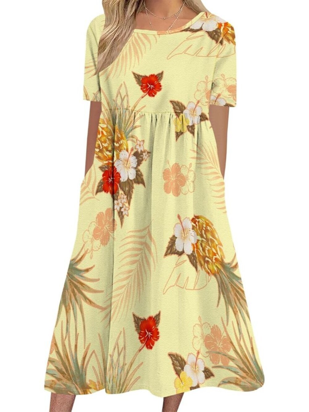 Women's Peach Red Sleeve Crewneck Floral Print Casual Mode Maxi Long Dress